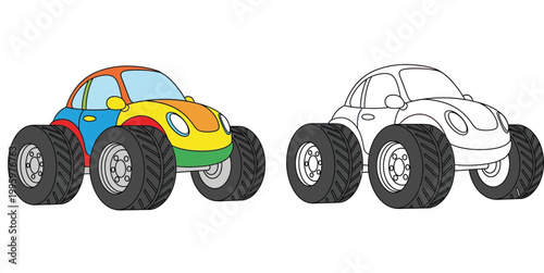 Cute cartoon monster bug car vector illustration with colorful version and black and white line art for kids coloring book.