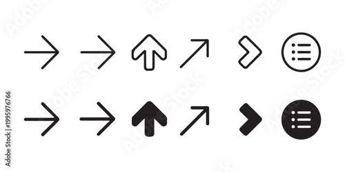 Collection of linear and solid arrow icons including directional markers plus list menu for web navigation.
