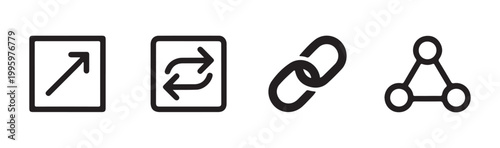 Minimalist black outline web icons with arrow link symbol and network node graphic on transparent background.