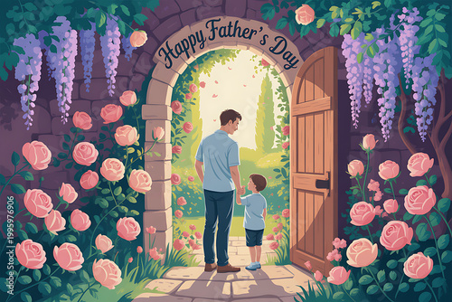 A heartwarming illustration of a father and son standing together in a beautiful garden on transparent background