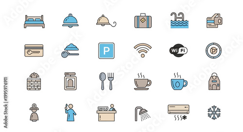 Collection of hotel services and hospitality icons in flat design style.