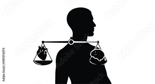 Silhouette of a person balancing a heart and a brain on a scale