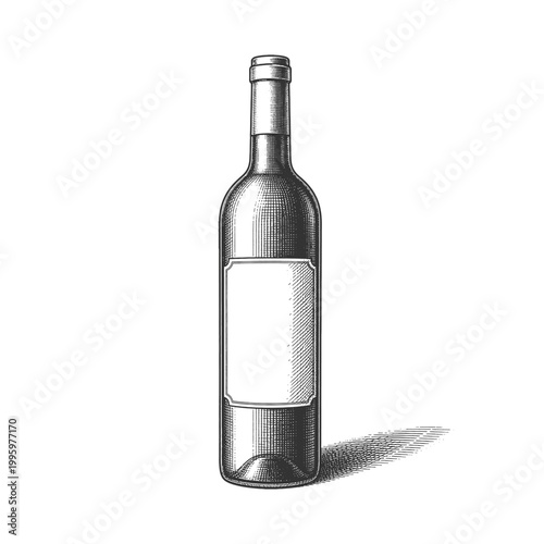 Minimalist Wine Bottle Vector Illustration with Blank Label Hand Drawn in Classic Engraving Style for Product Mockup and Winery Branding Design