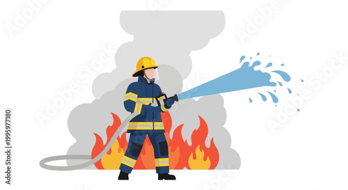Firefighter sprays water on a fire with smoke.