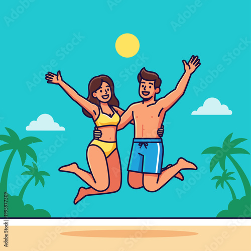 Young couple jumping on the beach.