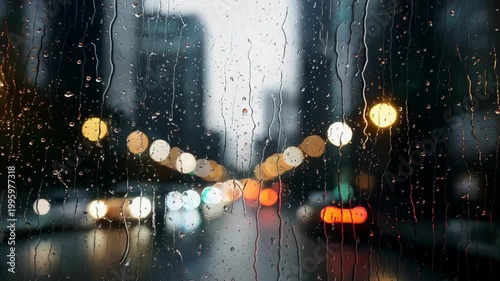 Rainy city night with blurred lights and water drops on window