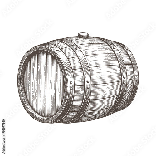 Classic Wooden Wine Barrel Vector Illustration Hand Drawn in Engraving Style for Vineyard Cellar Storage and Winery Branding Design Elements