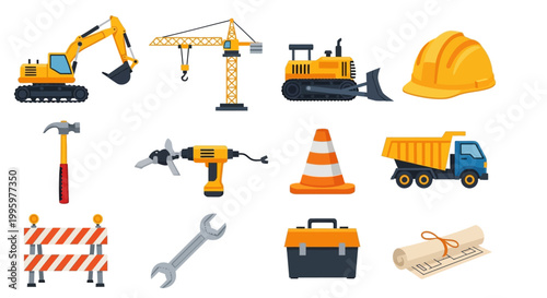 Collection of construction equipment and tools on a white background.