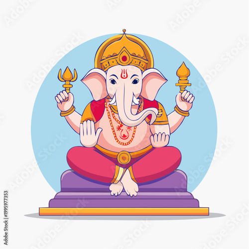 Cartoon Ganesha Sitting on Throne with Weapons