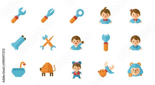 Cute children characters and mechanical tool vector icons collection in flat design style