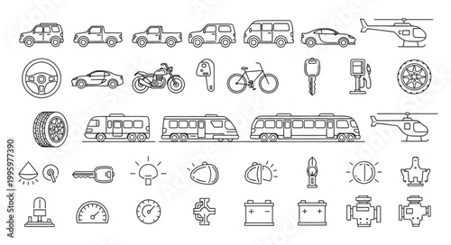 Collection of Hand Drawn Transportation Vehicles and Parts.