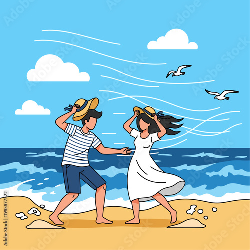 Couple walking on sandy beach together.