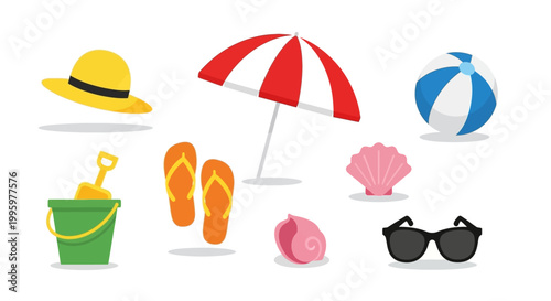 Beach accessories on white background.