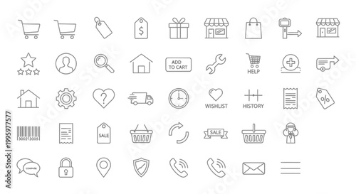 Collection of thin line icons for e-commerce and online shopping.