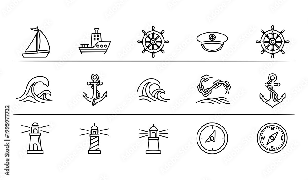 Obraz premium Minimal sailor line icons horizontal set editable stroke nautical and ocean symbols isolated on white 