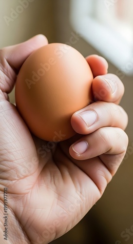 Hand holding a brown egg, close-up shot, natural light, healthy food concept.