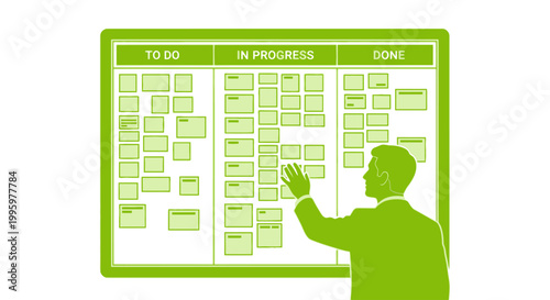 Businessman managing project tasks on a modern Kanban board