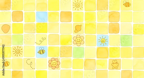 Colorful mosaic pattern with sun, bee, and flower illustrations.