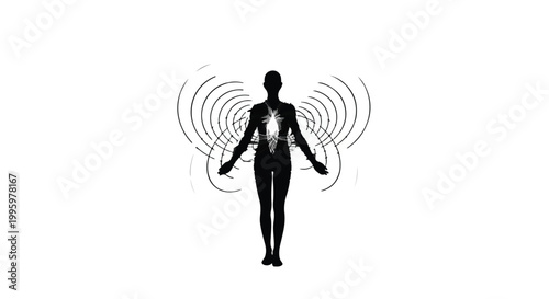 Silhouette of a person with radiating energy waves emanating from their chest and head, symbolizing connection or communication.