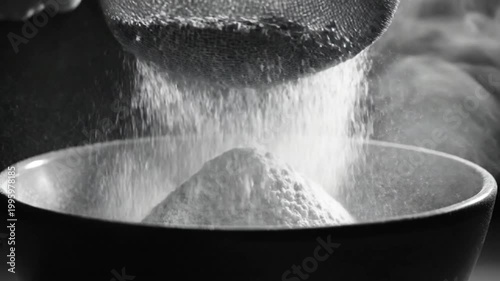 Black and white close up of flour being sifted into a dark ceramic bowl, cooking ingredient preparation.
