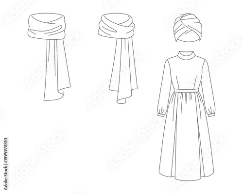Modest fashion technical drawing set, long sleeve maxi dress with hijab and turban headscarf, minimalist apparel vector sketches for garment manufacturing