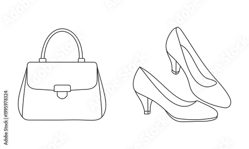 Minimalist fashion line art vector, elegant handbag and high heel shoes icons, black and white feminine accessories set for retail and boutique branding