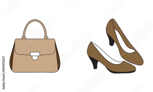 Classic brown leather handbag and high heel shoes vector set, elegant female fashion accessories, stylish tan purse and pumps for business attire