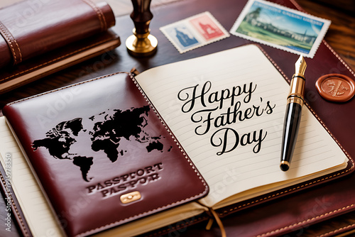 A Happy Father's Day message written in a leather journal on transparent background