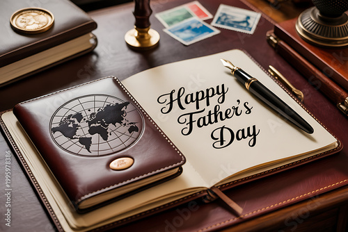 A brown leather journal with Happy Father's Day written on a page inside on transparent background