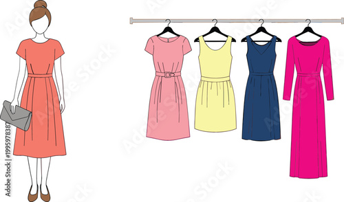 Woman choosing dress from clothing rack fashion boutique concept female outfit selection stylish dresses collection cartoon vector illustration isolated background