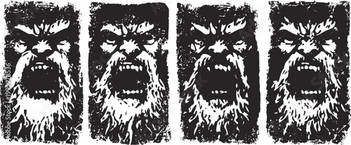 Four monochrome illustrations of screaming bearded man with wild hair and intense expression