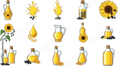 Sunflower oil drops, splashes and glass bottles collection with seeds and flowers isolated healthy cooking ingredient vector set