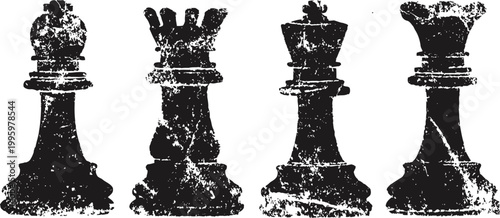 black vintage chess pieces silhouettes with distressed texture isolated on white background