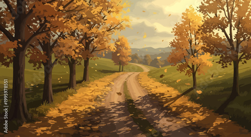 Winding dirt road through a vibrant autumn forest with golden leaves falling.
