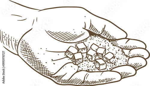 Hand holding salt crystals detailed sketch of palm with granular salt cubes natural mineral seasoning concept