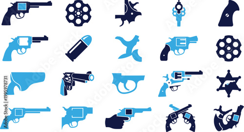 Blue and dark blue revolver and bullet icons, including parts and sheriff star, white background.