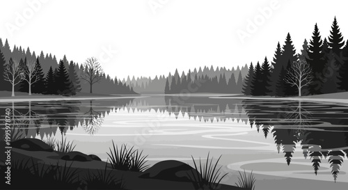 Monochrome forest lake landscape with tranquil reflections