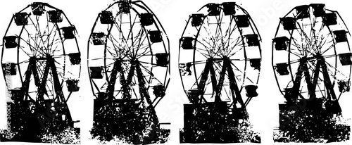 black and white high contrast ferris wheel silhouette with repeating patterns on white background