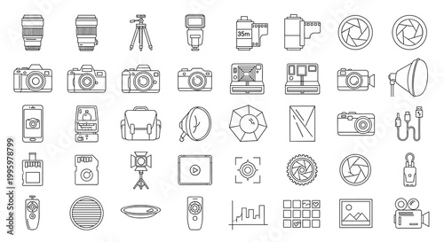 A collection of photography related icons and symbols in line art style, Generative AI.
