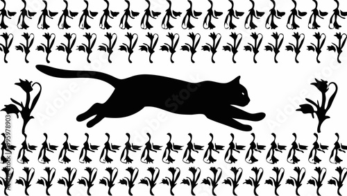 A graceful black cat silhouette is captured mid-stride, running horizontally across a background adorned with repeating floral and cat silhouette patterns, suggesting movement and a playful spirit.