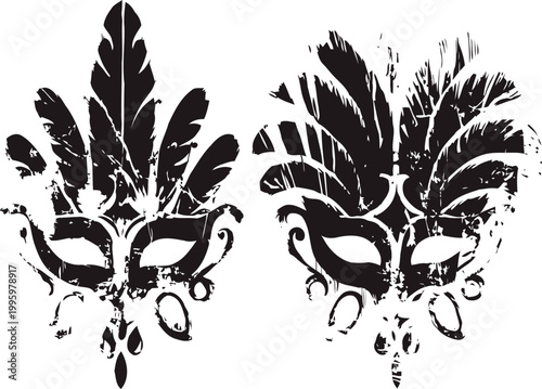 decorative venetian carnival masks with feathers and ornamental elements in vintage