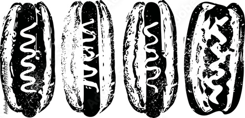 Four classic hot dogs with various sauces and toppings in buns set