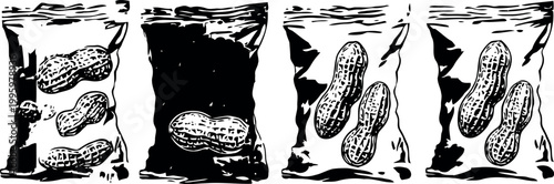 Illustration of peanut snack bags with shelled peanuts in black and white drawing