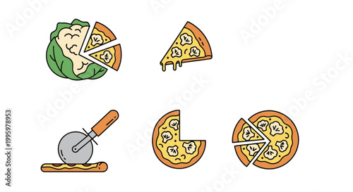 Cauliflower Pizza Line art flat abstract colorful illustration