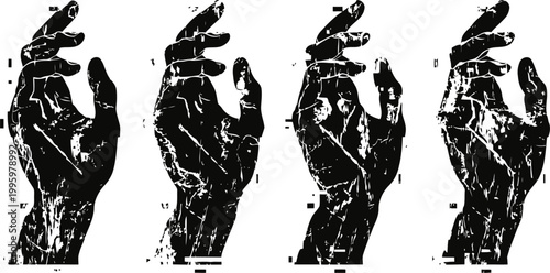 set of four expressive black and white hand gestures in vintage engraving for artistic and design use