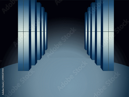 An illustration in dark blue tones of an empty corridor with columns against a stage backdrop. Suitable for stage, podium, and backdrop design in an abstract modern style.
