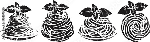 Traditional italian pasta nests with basil leaves and peppercorns illustration in vintage