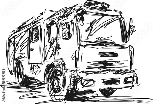 black and white sketch of a recreational vehicle camper van on the road