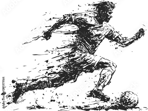 Dynamic soccer player running and kicking a ball in action ink splash illustration