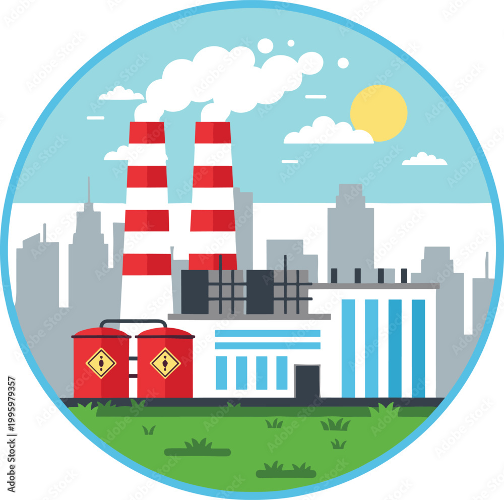 Obraz premium Industrial power plant with smokestacks, chemical storage tanks, and urban skyline background illustrating pollution, energy production, and environmental impact vector design